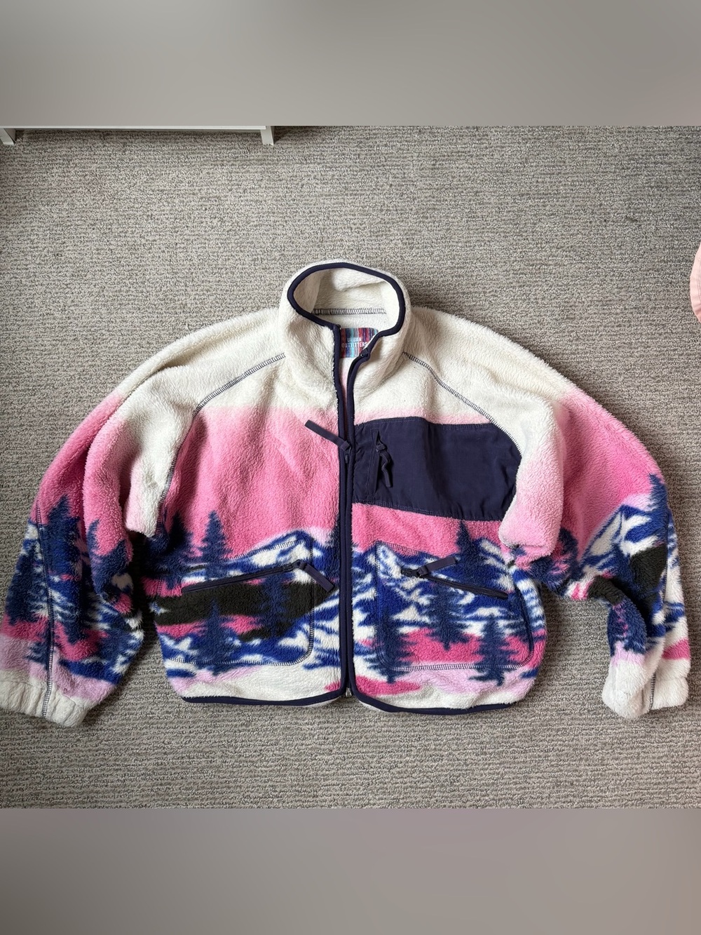 Urban Outfitters Stormi Fleece Jacket Pink Mountain Tree Alpine Design Retro